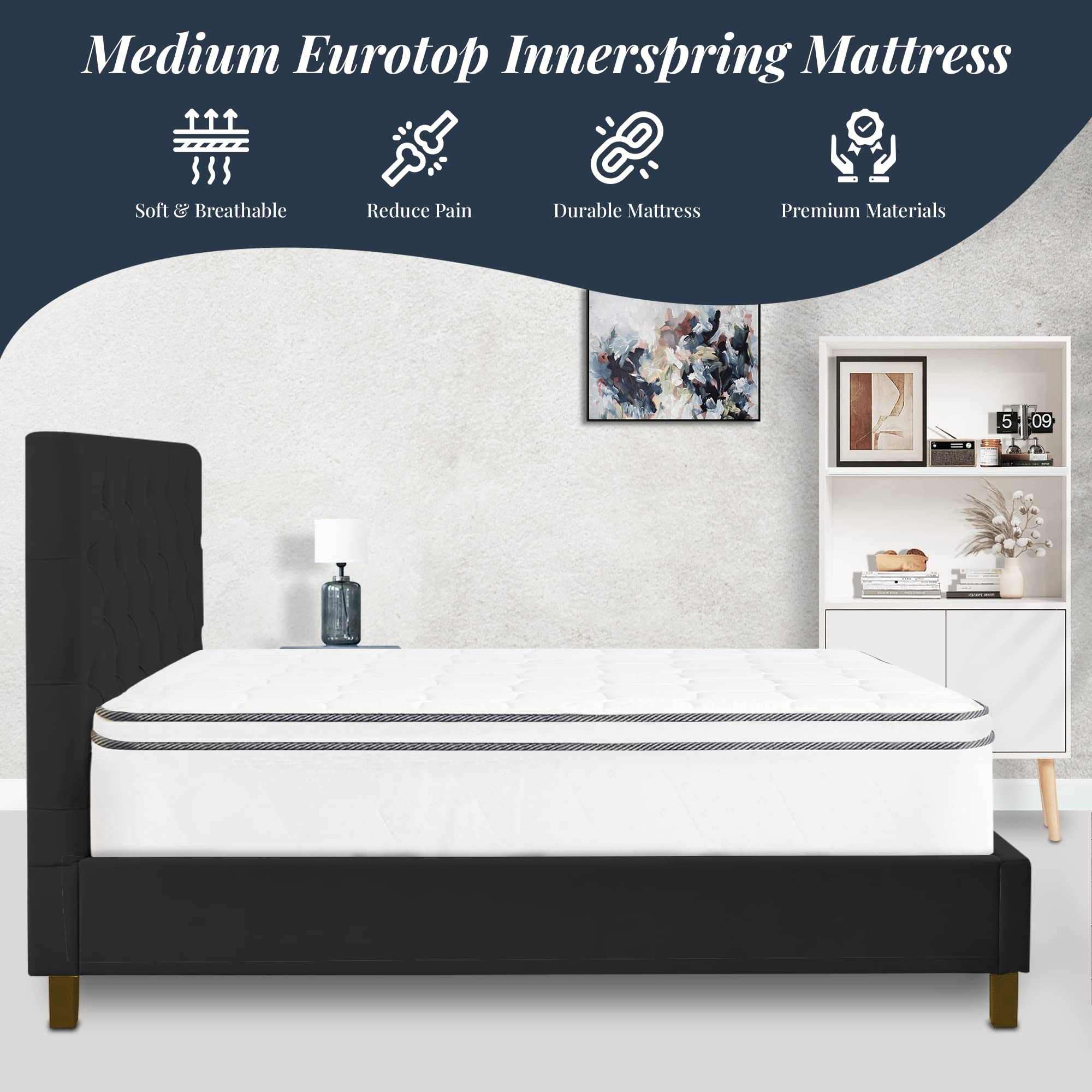 Highview Bedding 10-inch Medium Firm Eurotop Mattresses Provide Ultimate Comfortable and Relaxation, Complete Body Support, Maintain Correct Posture, White, Full XL