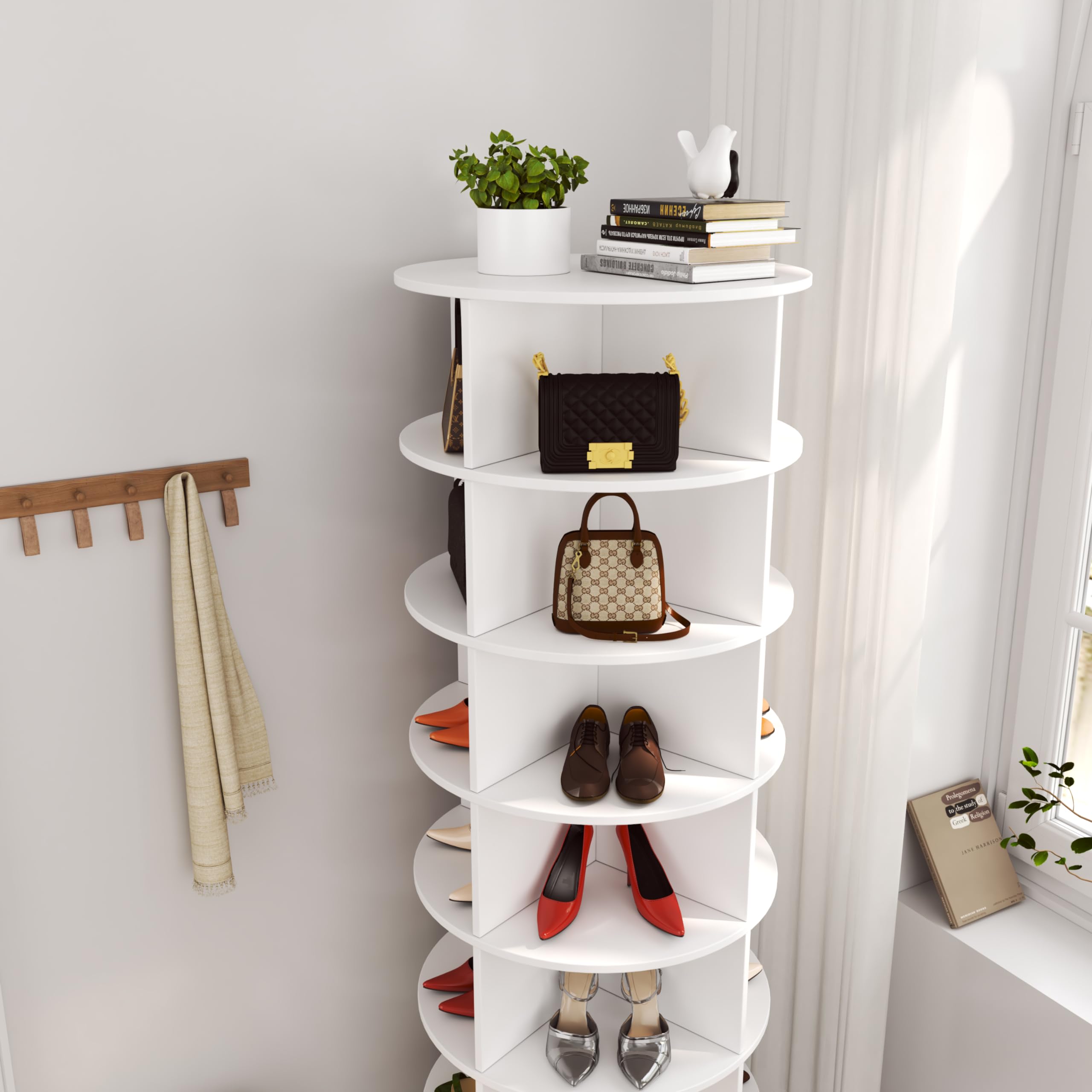 Maotifeys Rotating Shoe Rack Tower, 7-Tier Spinning Shoe Rack, Free Standing 360° Revolving Shoe Organizer Can Hold 28 Pairs of Shoes for Entryway Living Room Hallway (7-Tier, White)