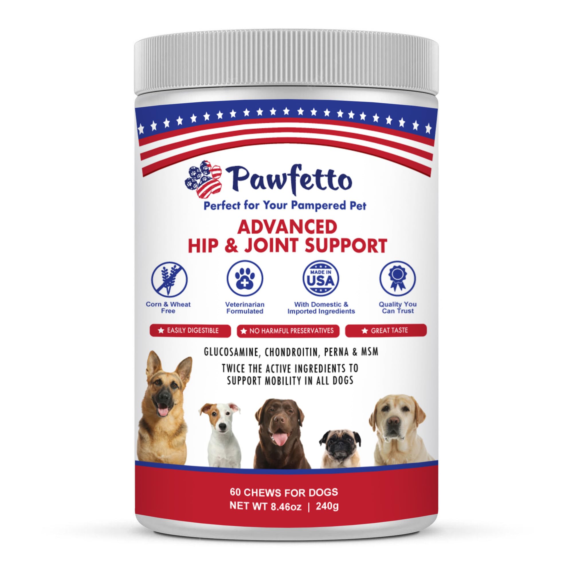 Pawfetto Advanced Hip & Joint Support Plus Supplement for Dogs, with Perna, Glucosamine, Chondroitin, MSM. Easily Digestible, Delicious Duck Flavor. Perfect for Your Pampered Pet (60 Dog Chews)