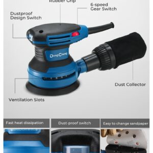 Dong Cheng 5-Inch Random Orbital Sander 380W 12800OPM Electric Palm Sander, 6 Variable Speeds, with 20pcs Sandpaper & Detachable Dust Bag, Power Sander for Woodworking, Sanding & Polishing