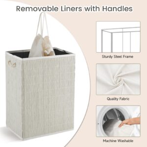 Laundry Hamper with Lid, 55.5 Gallon (210L), Large Handwoven Rattan Laundry Basket, 3 Section Clothes Hamper with Handles, 2 Removable Liner and Side Pocket, White