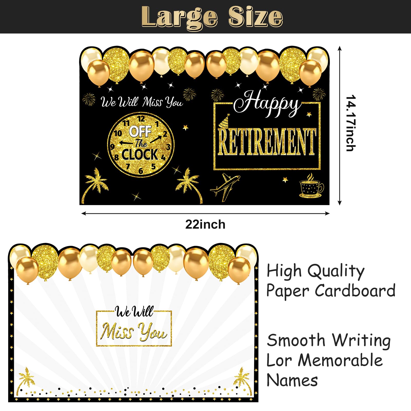 Kuxriox Happy Retirement Party Decorations Card for Men Women, Black Gold Large Retirement Card With Envelope, Jumbo Happy Retired Guest Book Greeting Card, Giant Farewell Retired Card Gifts