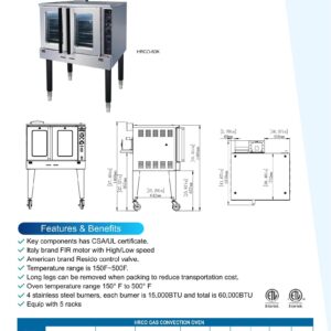 Commercial Convection Oven, Natural Gas or Propane, 60000 BTU, Single Deck, Four Legs, Restaurant Kitchen Bakery HRCO-60K