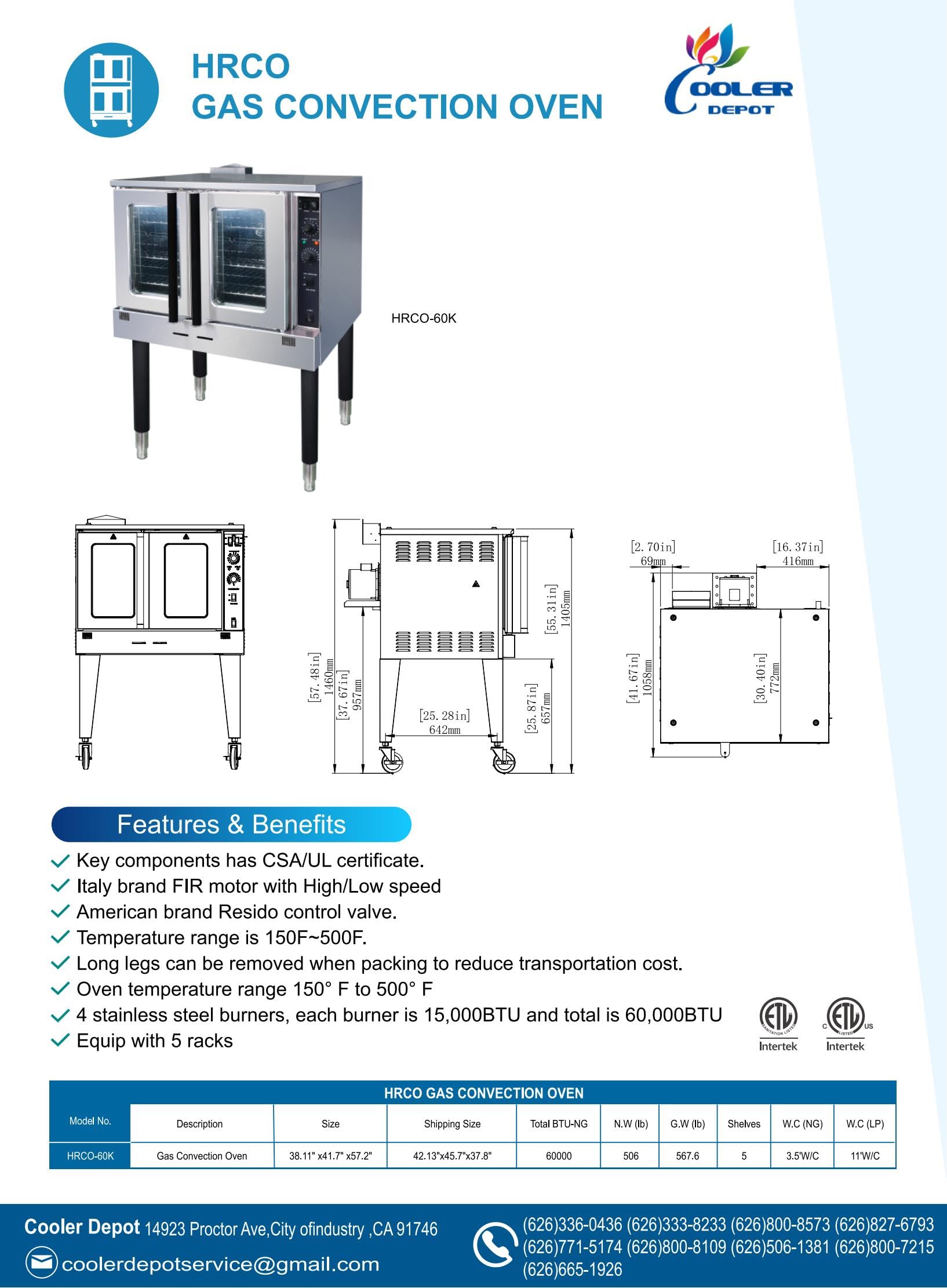 Commercial Convection Oven, Natural Gas or Propane, 60000 BTU, Single Deck, Four Legs, Restaurant Kitchen Bakery HRCO-60K