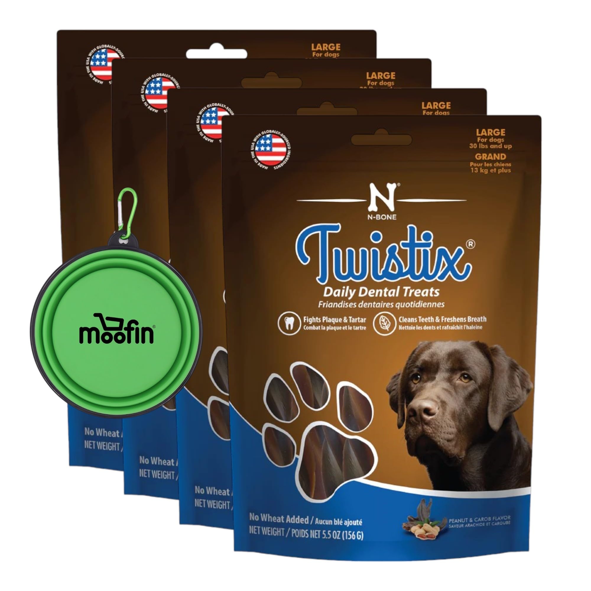 N-Bone Dental Treats Dogs 55 oz - Peanut Butter Dog Treats with Carob Flavor, Cleans Teeth, Freshens Breath - No Artificial Preservatives, with Bonus Silicon Pet Bowl, Dog Snacks [Pack of 4]