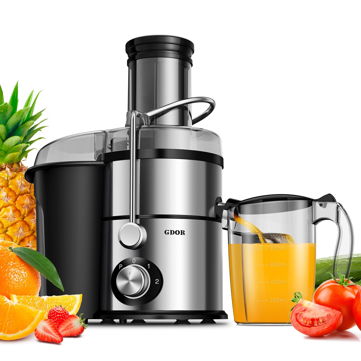 GDOR 1200W Juicer with 3-Speed Setting, Extra Large 3.4” Feed Chute Juicer Machines for Whole Fruits and Veggies, Centrifugal Juicer with 34 Oz Juice Pitcher, BPA-Free, Easy to Clean, Silver