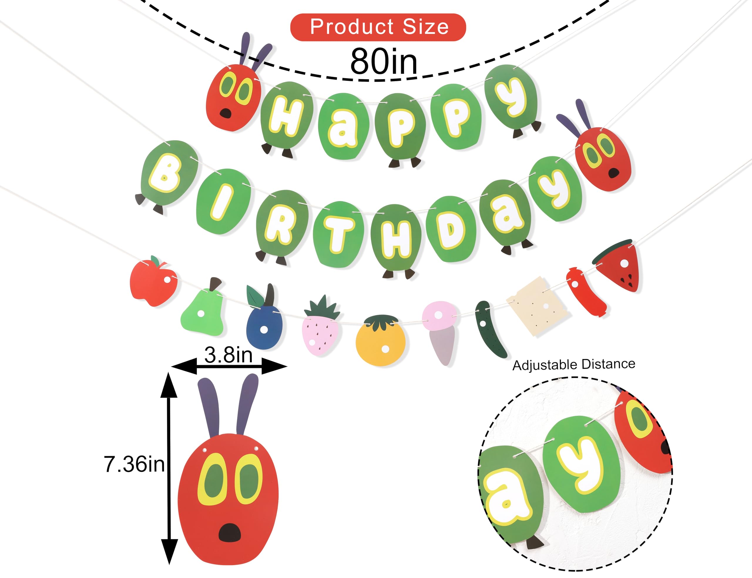 Hungry Caterpillar Happy Birthday Banner - Caterpillar Themed Birthday Party Decorations,Hungry Caterpillar Birthday Fruit Garland,Caterpillar Cake Smash Party Decor,First Birthday Photo Props