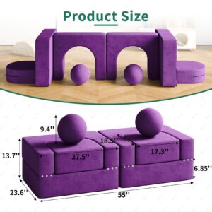 wanan 8PCS Kids Sofa, Kids Modular Couch Toddler with 2 Balls, Kids Couch Play Set 8 in 1 Baby Foam Sofa Kids Couch (Purple)