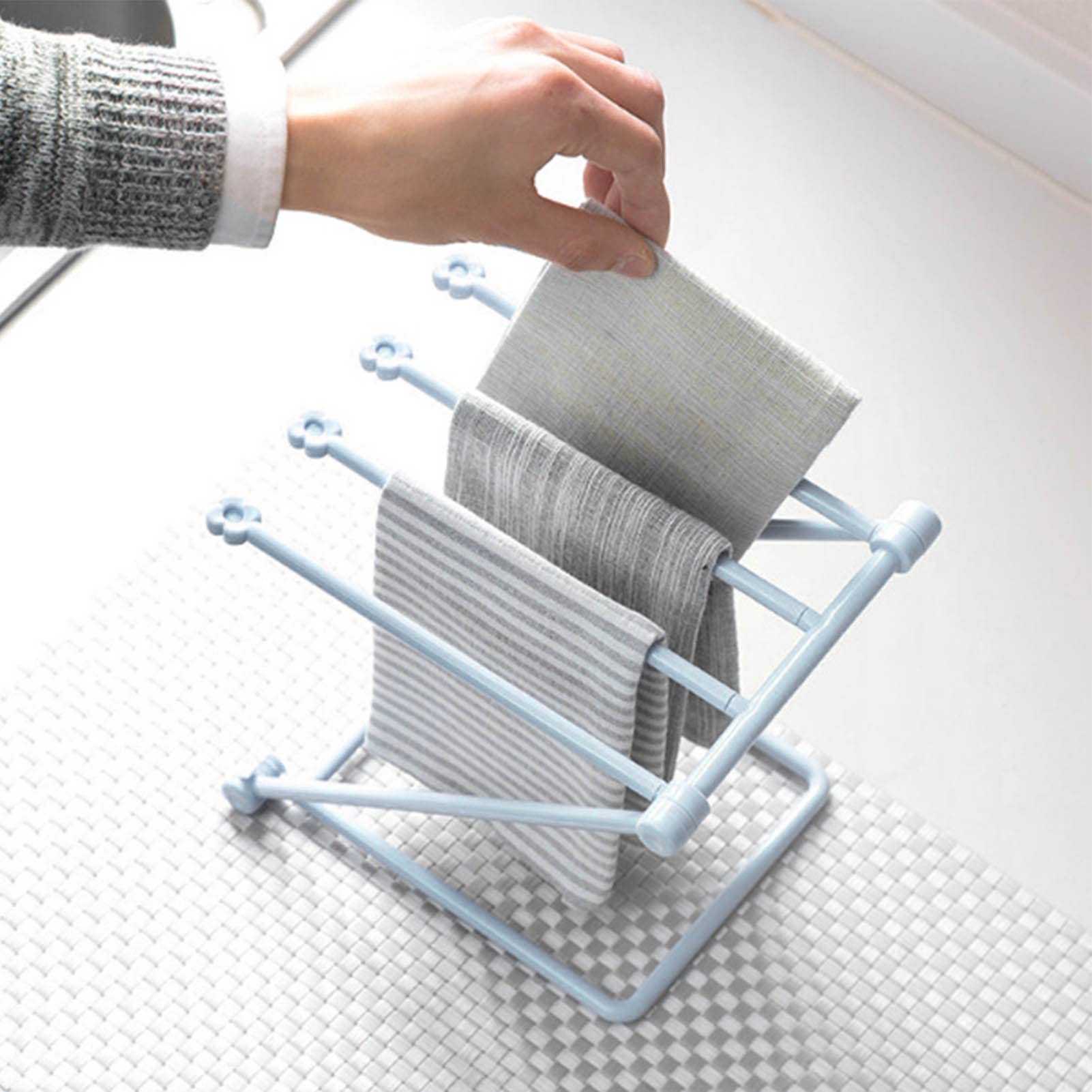 JUOPZKENN Washcloth Holder Countertop Dishcloth Drying Rack 4 Arms Folding Vertical Hand Towel Stand Dish Rag Storage Holder for Kitchen(Light Blue)