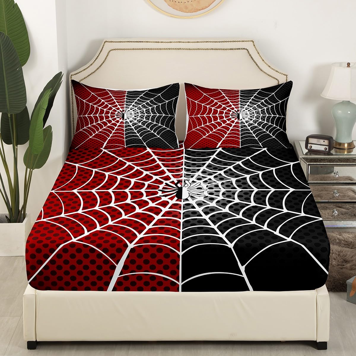 Manfei Spider Kids Fitted Sheet Twin Size, White Spider Web Black Dots Bedding Set 2pcs for Boys Girls Room Decor, Red and Black Bed Cover with 1 Pillowcase, Soft Polyester Bedding, No Top Sheet