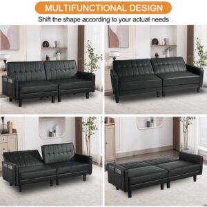 OQQOEE Futon Sofa Bed, Convertible Loveseat Couch with Adjustable Backrest, Faux Leather Upholstered Sleeper Sofa for Living Room & Apartment, Side Pockets, Black (Black, Loveseat)