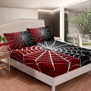 Manfei Spider Kids Fitted Sheet Twin Size, White Spider Web Black Dots Bedding Set 2pcs for Boys Girls Room Decor, Red and Black Bed Cover with 1 Pillowcase, Soft Polyester Bedding, No Top Sheet