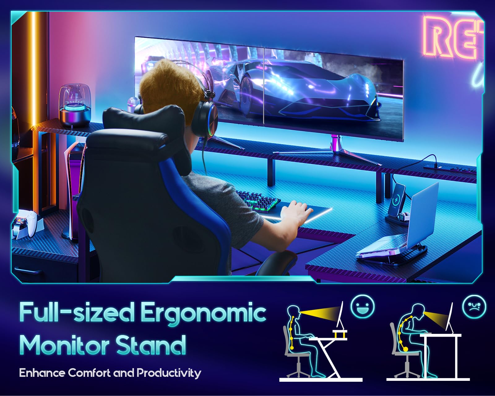 AODK 57 Inch L Shaped Gaming Computer Desk with USB Charging Ports & Power Outlets, Home Office Writing Corner Desk with Drawers and Monitor Stand, Study Table with LED Lighting, Carbon Black