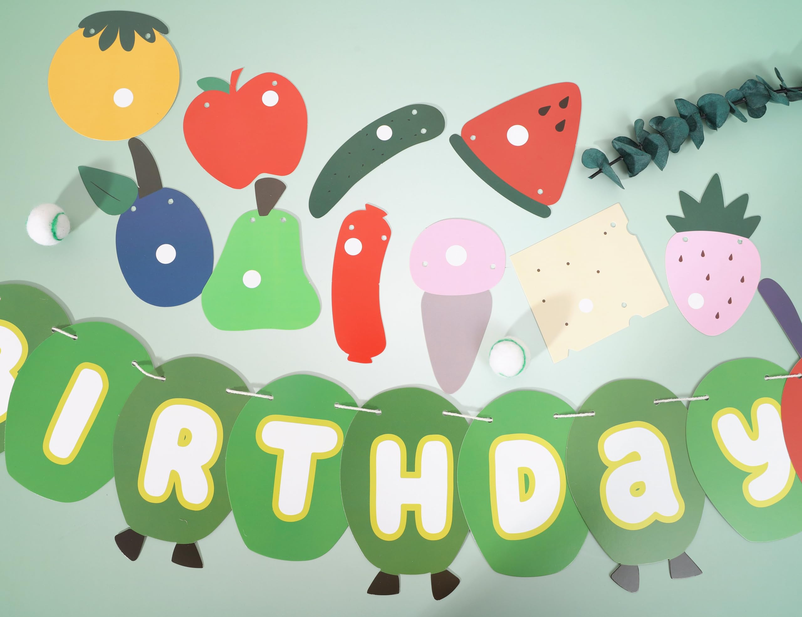 Hungry Caterpillar Happy Birthday Banner - Caterpillar Themed Birthday Party Decorations,Hungry Caterpillar Birthday Fruit Garland,Caterpillar Cake Smash Party Decor,First Birthday Photo Props