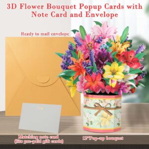 Paper Flower Pop Up Cards, Lilies Flower Bouquet Card Popup 3D Greeting Cards for Mother's Day, Graduation, Anniversary, Birthday, Congratulations, Get Well, Home Decor, with Envelope and Note