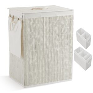 laundry hamper with lid, 55.5 gallon (210l), large handwoven rattan laundry basket, 3 section clothes hamper with handles, 2 removable liner and side pocket, white