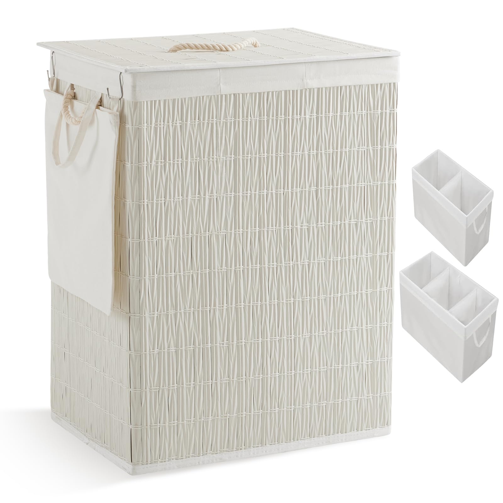 Laundry Hamper with Lid, 55.5 Gallon (210L), Large Handwoven Rattan Laundry Basket, 3 Section Clothes Hamper with Handles, 2 Removable Liner and Side Pocket, White