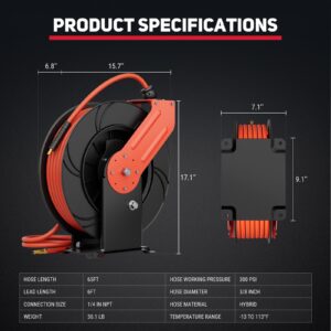 Air Hose Reel, 3/8 In X 65 ft Retractable Air Hose Reel, Double Arm & Auto Rewind Air Compressor Hose Reel Heavy Duty Air Tool Hose Reels with 6 ft Lead In Max 300PSI for Ceiling/Wall Mounts