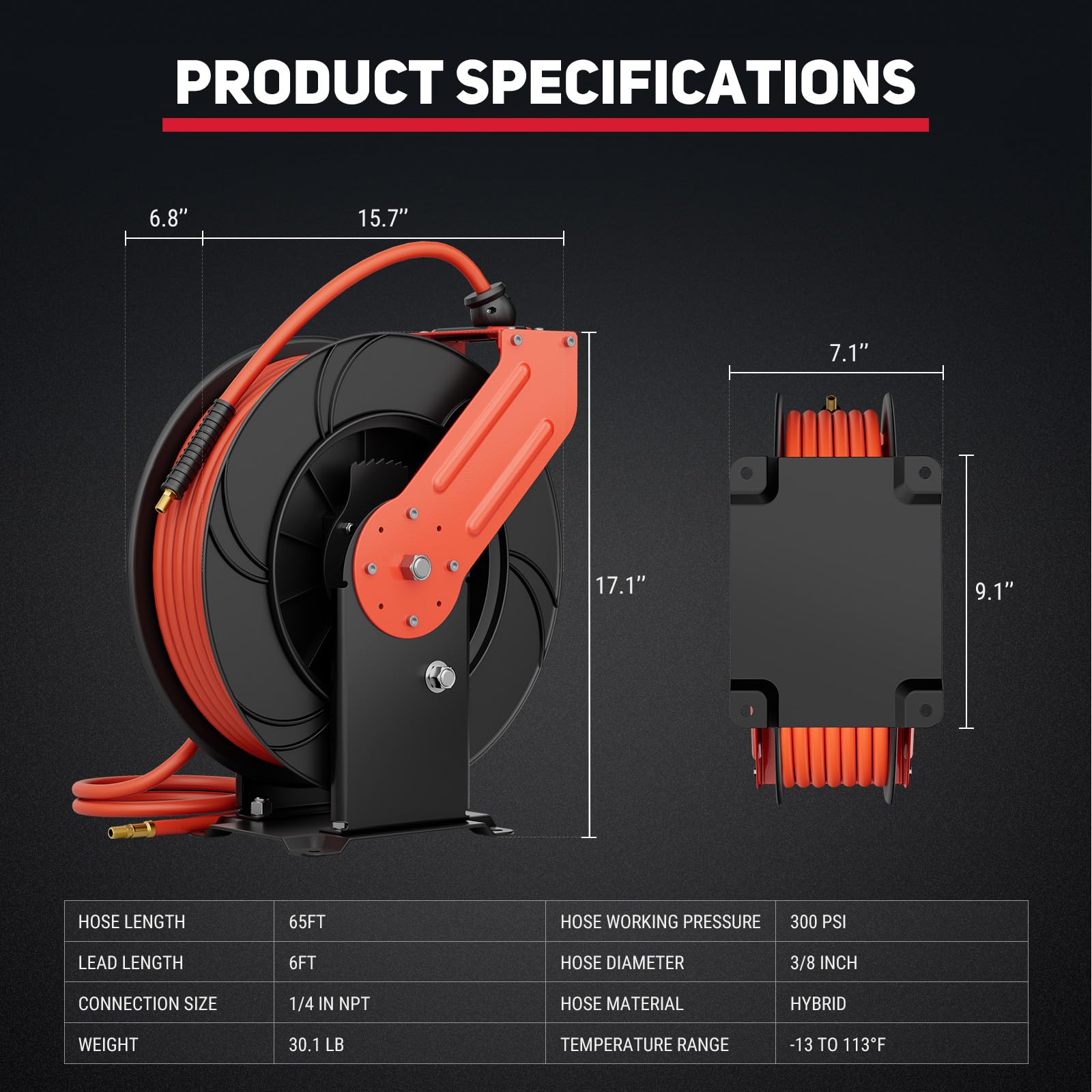 Air Hose Reel, 3/8 In X 65 ft Retractable Air Hose Reel, Double Arm & Auto Rewind Air Compressor Hose Reel Heavy Duty Air Tool Hose Reels with 6 ft Lead In Max 300PSI for Ceiling/Wall Mounts