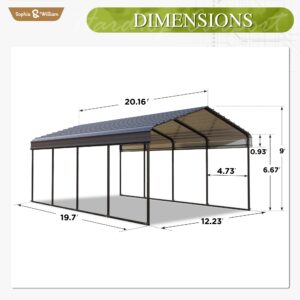 Carport Car Port Metal Canopy 12x20 ft Heavy Duty for Snow, Portable Garage Kit Shed Tent Shelter Metal Frame All Weather Outdoor for Boat with Anti-Leak Seam Taped, Dark Grey, Sophia & William