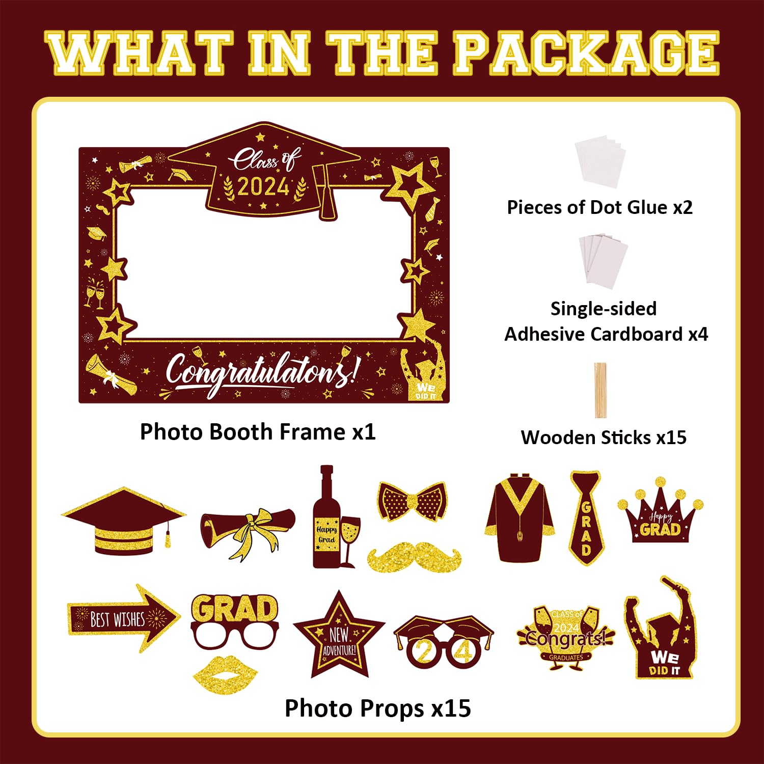 Graduation Decorations Class of 2024 Photo Booth Props - Maroon and Gold 2024 Graduation Frame & Photo Props Congrats Grad Class of 2024 Decor for Graduation Party Supplies