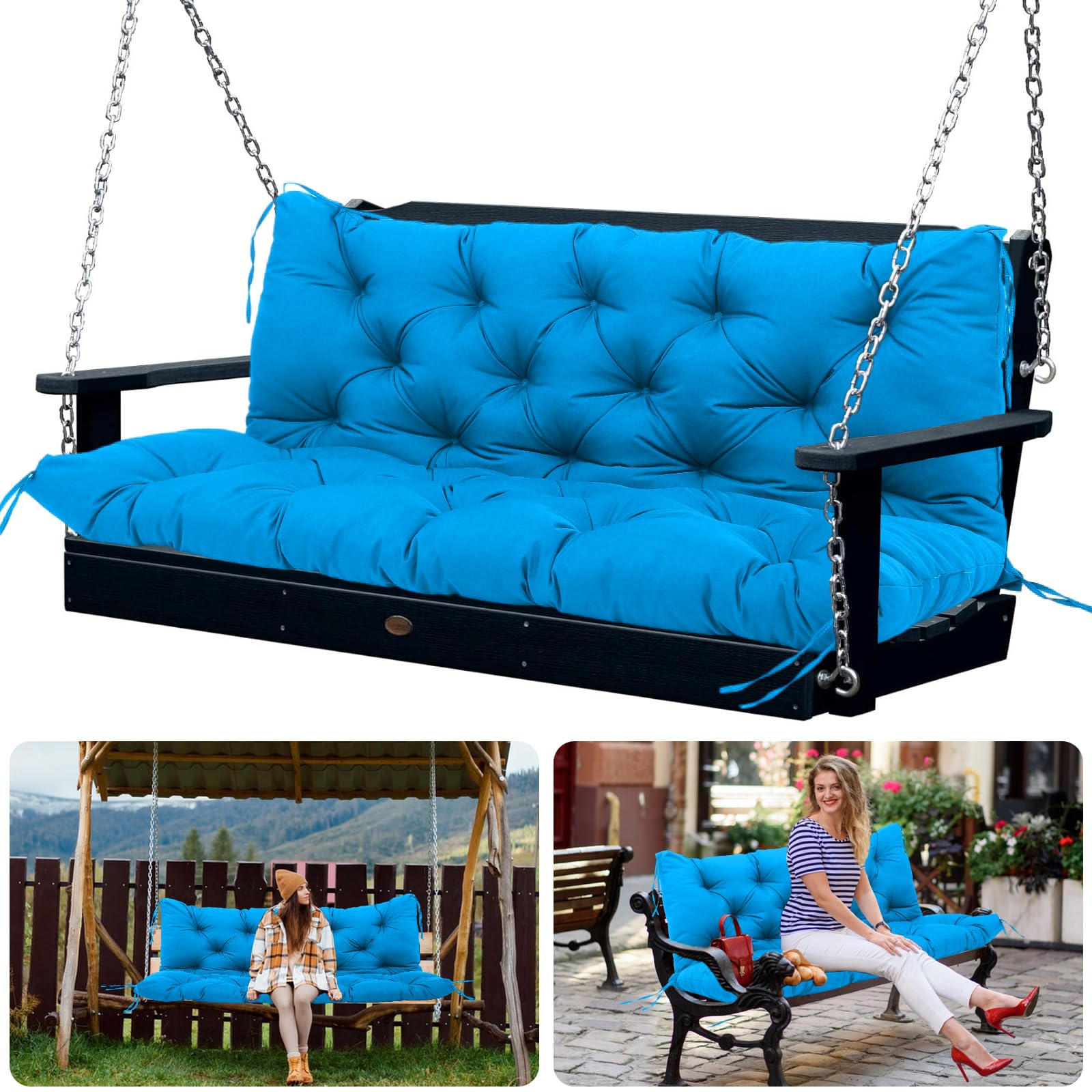 Porch Swing Cushions Waterproof Outdoor Swing Cushions 3 Seater Replacement with Backrest Thicken 5" Swing Bench Cushions Replacement for Outdoor Furniture Patio Lawn Garden (Lake Blue 60x40x5inch)