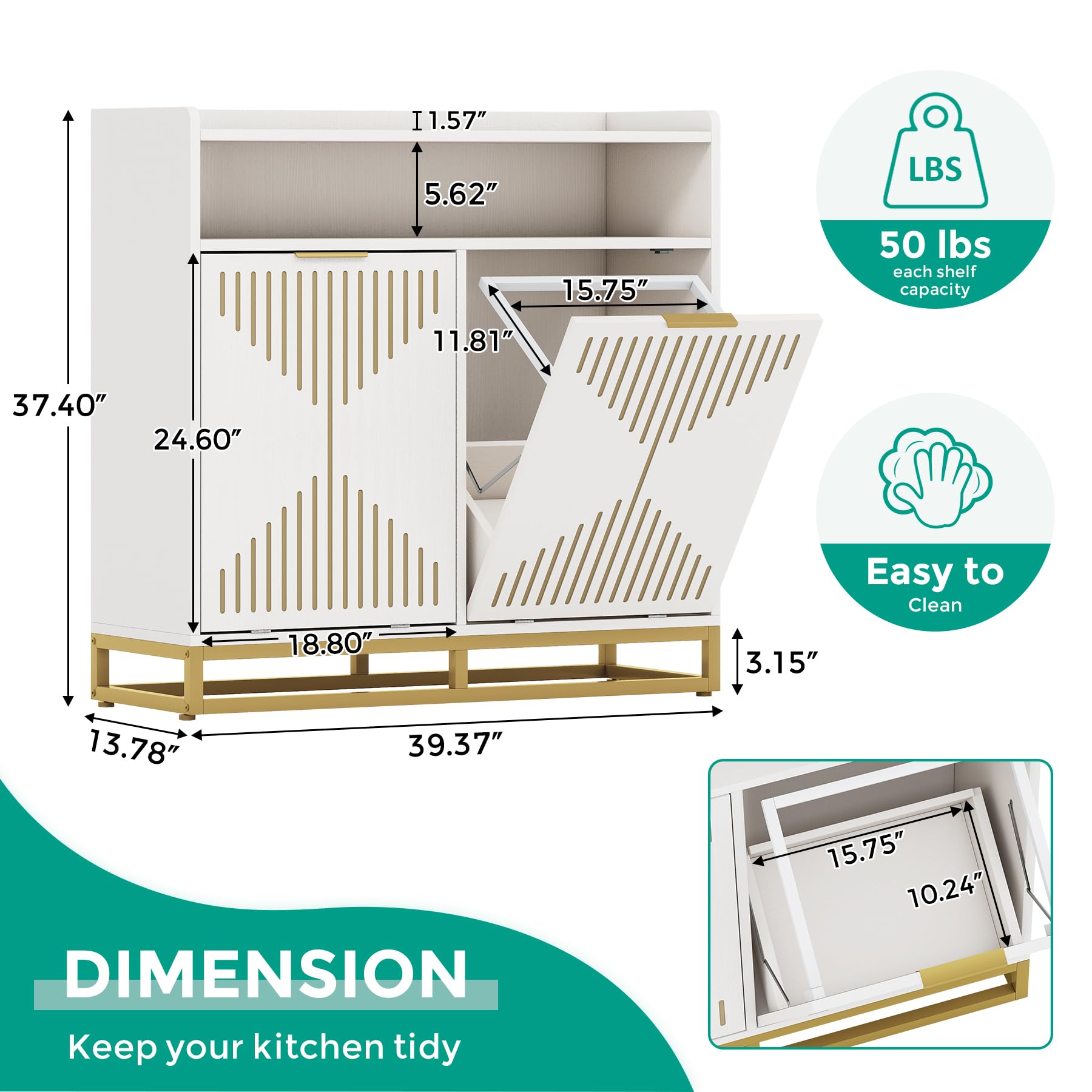 Condemo Double Tilt Out Trash Cabinet, Modern 20 Gallon Trash Bin Cabinets, Freestanding Recycling Cabinet, Storage Cabinet for Kitchen, Dining Room, Laundry, White and Gold (No Trash Can)