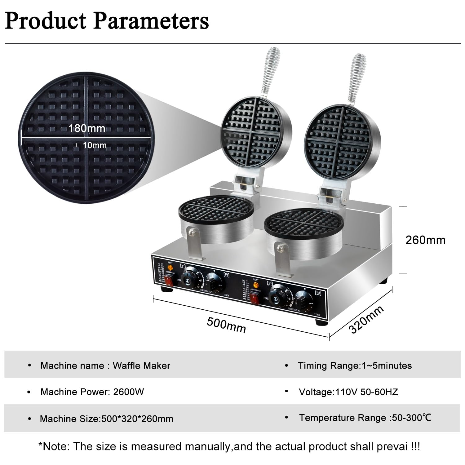 Commercial Waffle Maker Double Waffle Maker,2600W Non-Stick Commercial Waffle Maker Stainless Steel Belgian Waffle Iron for Commercial/Household Kitchens, Cafes, Restaurants