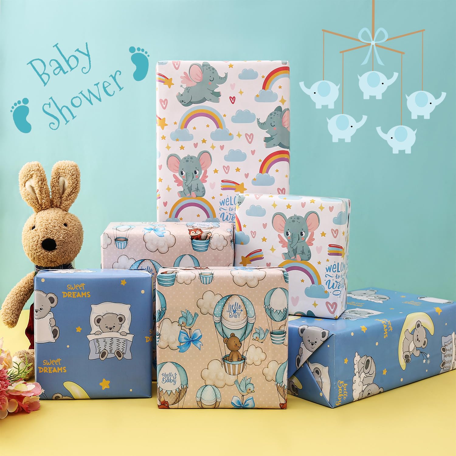 BOLIANNE Baby Shower Wrapping Paper - Gift Wrapping Paper for Boys Girls Kids with Cute Baby Bears Elephants Hedgehogs, 6 Large Sheets Baby Gift Wrap for Birthday Holiday, 27 X 37 Inch