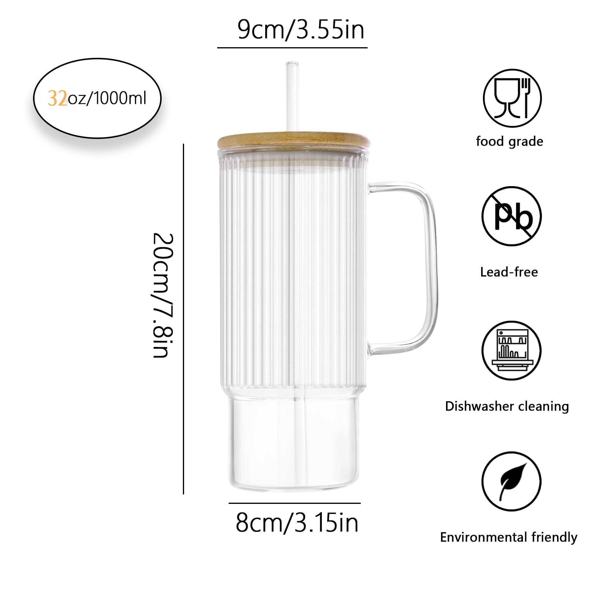 erichbow 32oz Ribbed Glass Cup with Handle Bamboo Lid and Straw, Glass Tumbler, Iced Coffee Cups Hot/Cold Drinks