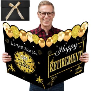 kuxriox happy retirement party decorations card for men women, black gold large retirement card with envelope, jumbo happy retired guest book greeting card, giant farewell retired card gifts