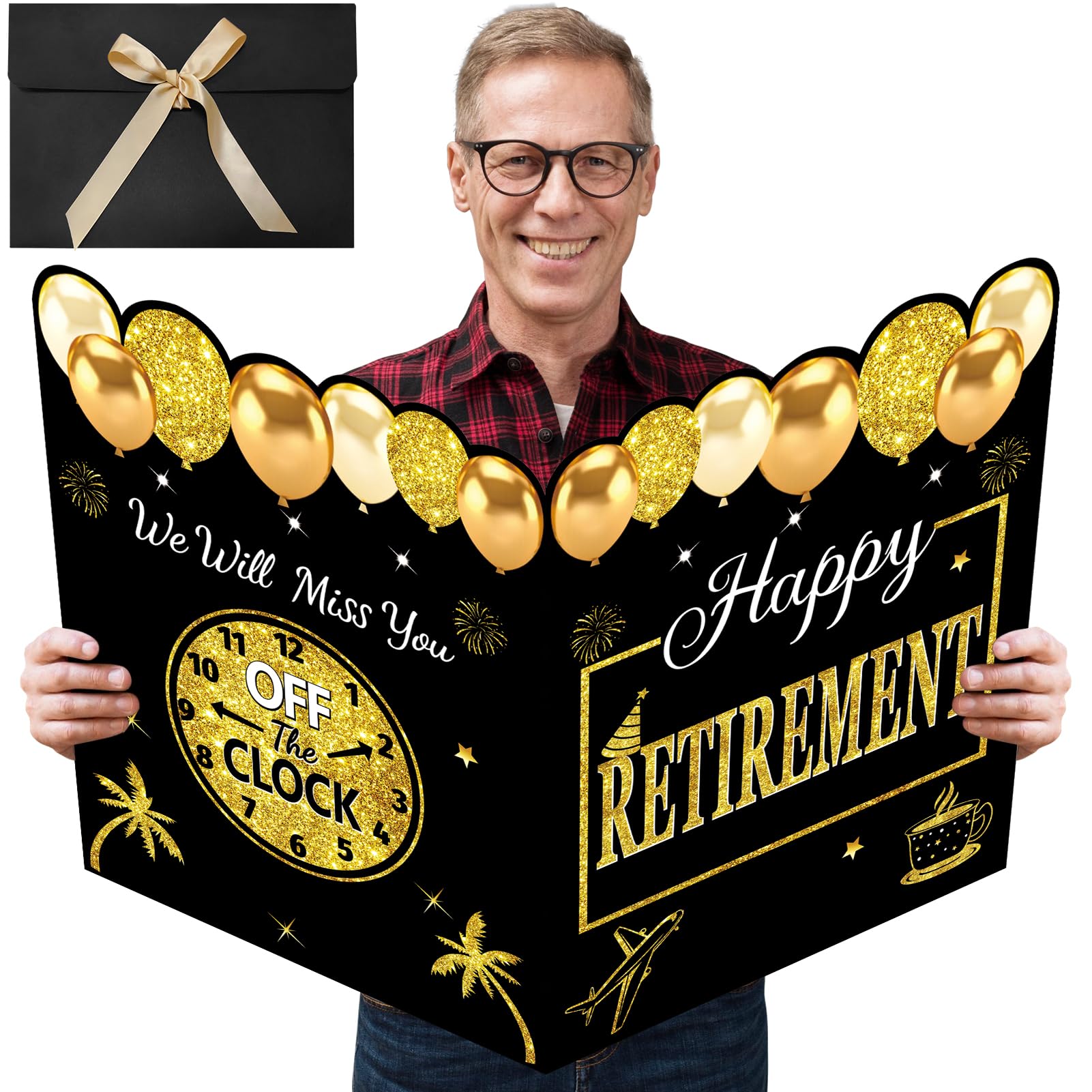 Kuxriox Happy Retirement Party Decorations Card for Men Women, Black Gold Large Retirement Card With Envelope, Jumbo Happy Retired Guest Book Greeting Card, Giant Farewell Retired Card Gifts