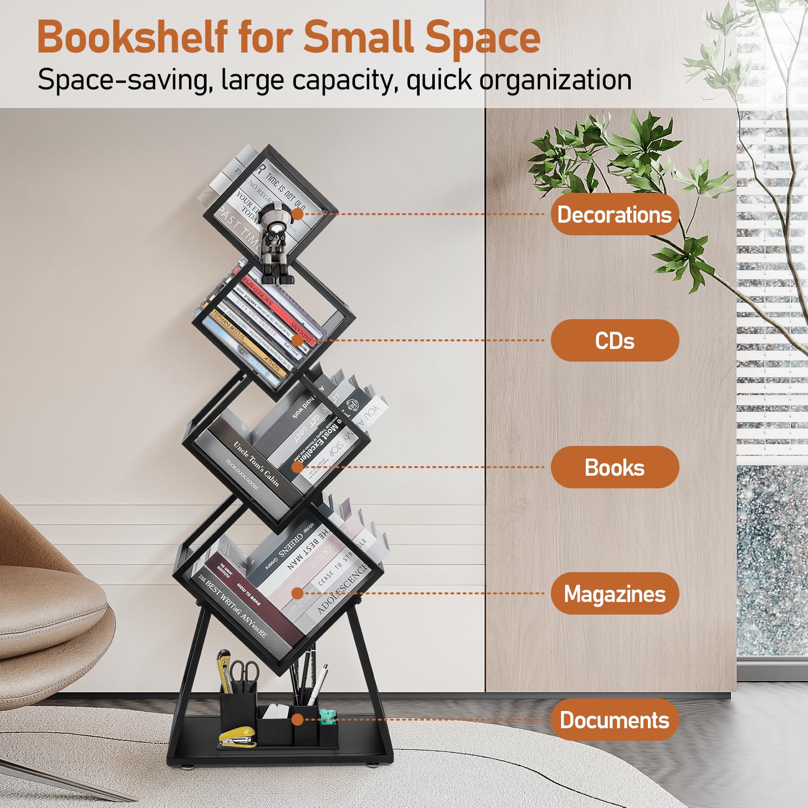 uyoyous Tree Bookshelf 5 Tier Tree Bookcase Metal Bookshelf Standing Bookshelf Modern Bookshelf for CDs/Movies/Books, Storage Shelves for Bedroom, Living Room, Home Office, Black