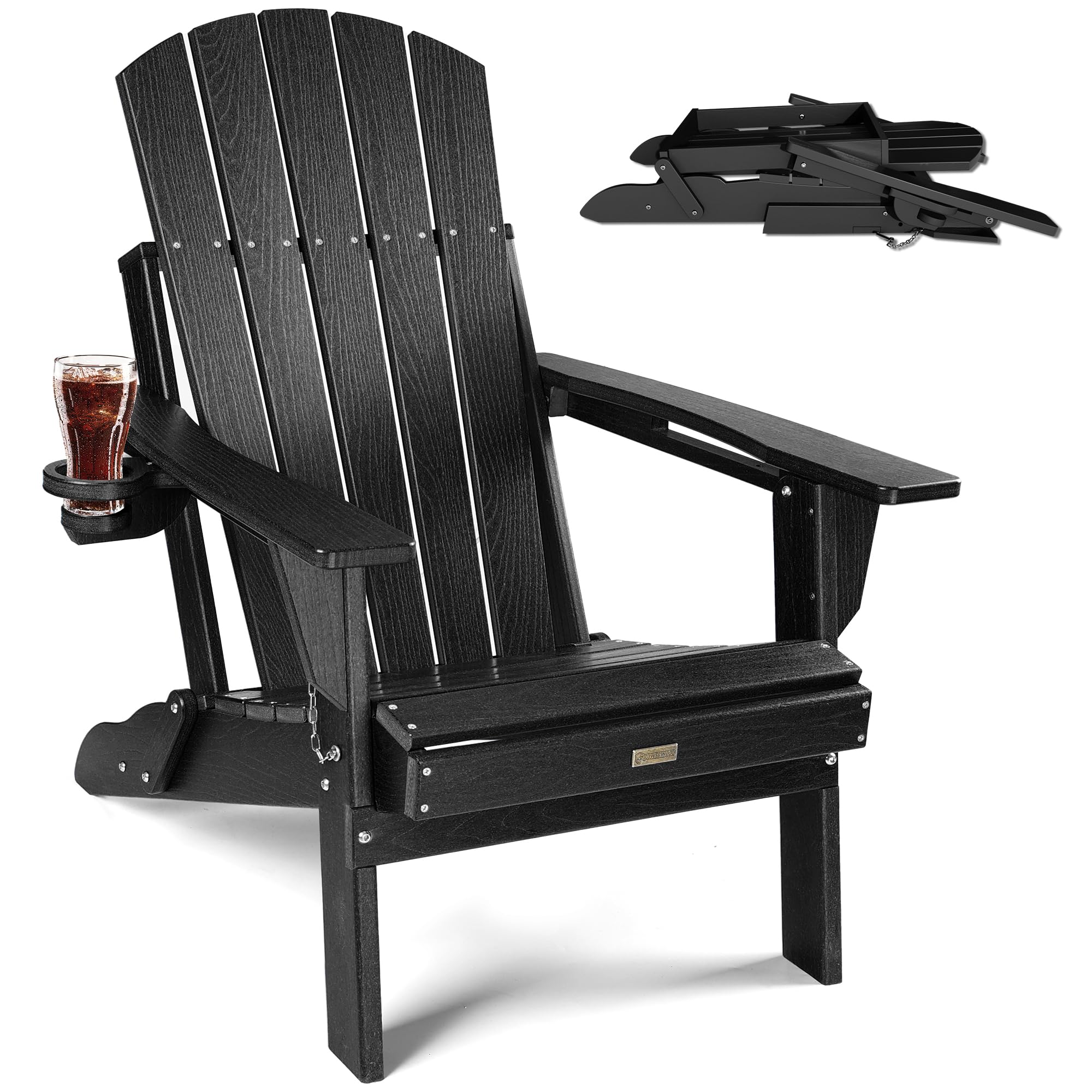 POWERWOOD Folding Adirondack Chair Wood Texture, HDPE Higher Back Plastic Adirondack Chairs with Cup Holder, Weather Resistant Composite Chair for Outdoor, Patio, Lawn, Garden, Fire Pit Chairs (Black)