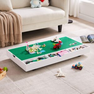 2 in 1 Construction Play Table Compatible with Lego, Game Table with Block Board and Train Car, Rolling Game Table with Locking Wheels and Storage Space, Suitable for Storing Under Bed or Sofa (White)