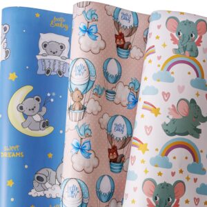 bolianne baby shower wrapping paper - gift wrapping paper for boys girls kids with cute baby bears elephants hedgehogs, 6 large sheets baby gift wrap for birthday holiday, 27 x 37 inch