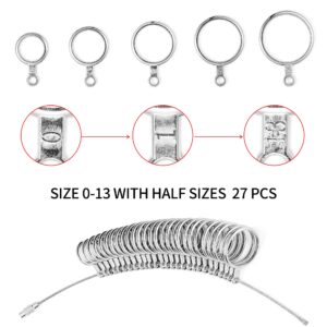 Bflaae Ring Sizer Measuring Tool Kit, 27 PCS Stainless Steel Measuring Ring Tool, US Ring Size 0-13 with Half Size, 2 PCS Reusable Finger Size Tape with Magnified Glass 1-17 USA Rings Size