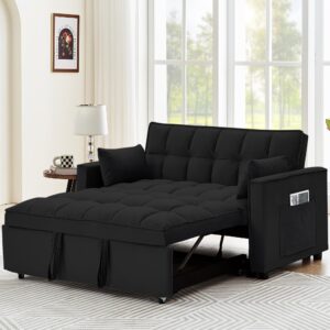 suheww black pull out sofa bed, 3 in 1 convertible small couch for bedroom,2 seater sofa cama with adjustable backrest velvet futon chaise lounge for small spaces living room office