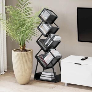 uyoyous Tree Bookshelf 5 Tier Tree Bookcase Metal Bookshelf Standing Bookshelf Modern Bookshelf for CDs/Movies/Books, Storage Shelves for Bedroom, Living Room, Home Office, Black