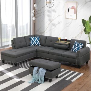 rovibek l shaped sectional couch with ottoman and pillows, 2 cup holders design living room sofa set for apartment, office