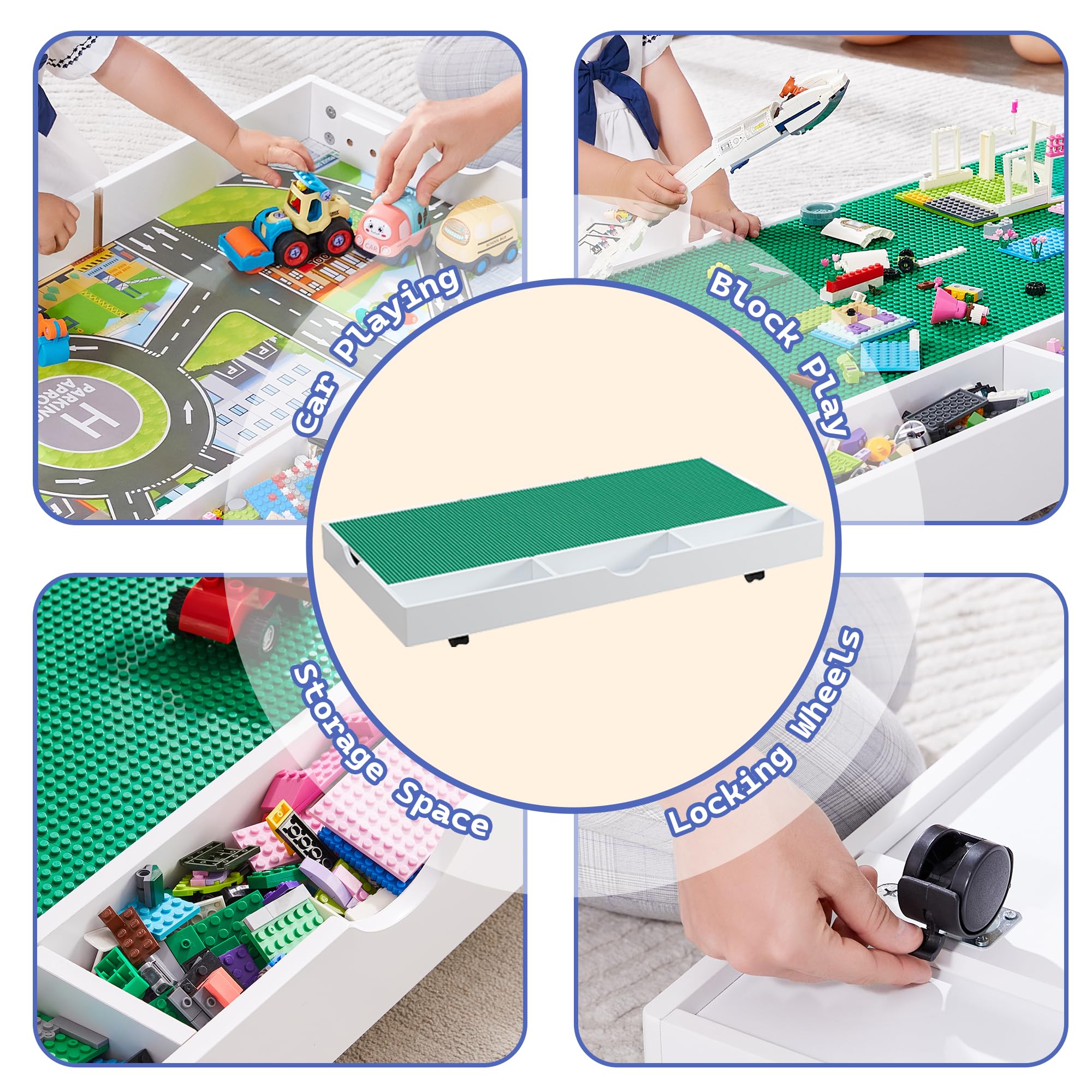 2 in 1 Construction Play Table Compatible with Lego, Game Table with Block Board and Train Car, Rolling Game Table with Locking Wheels and Storage Space, Suitable for Storing Under Bed or Sofa (White)