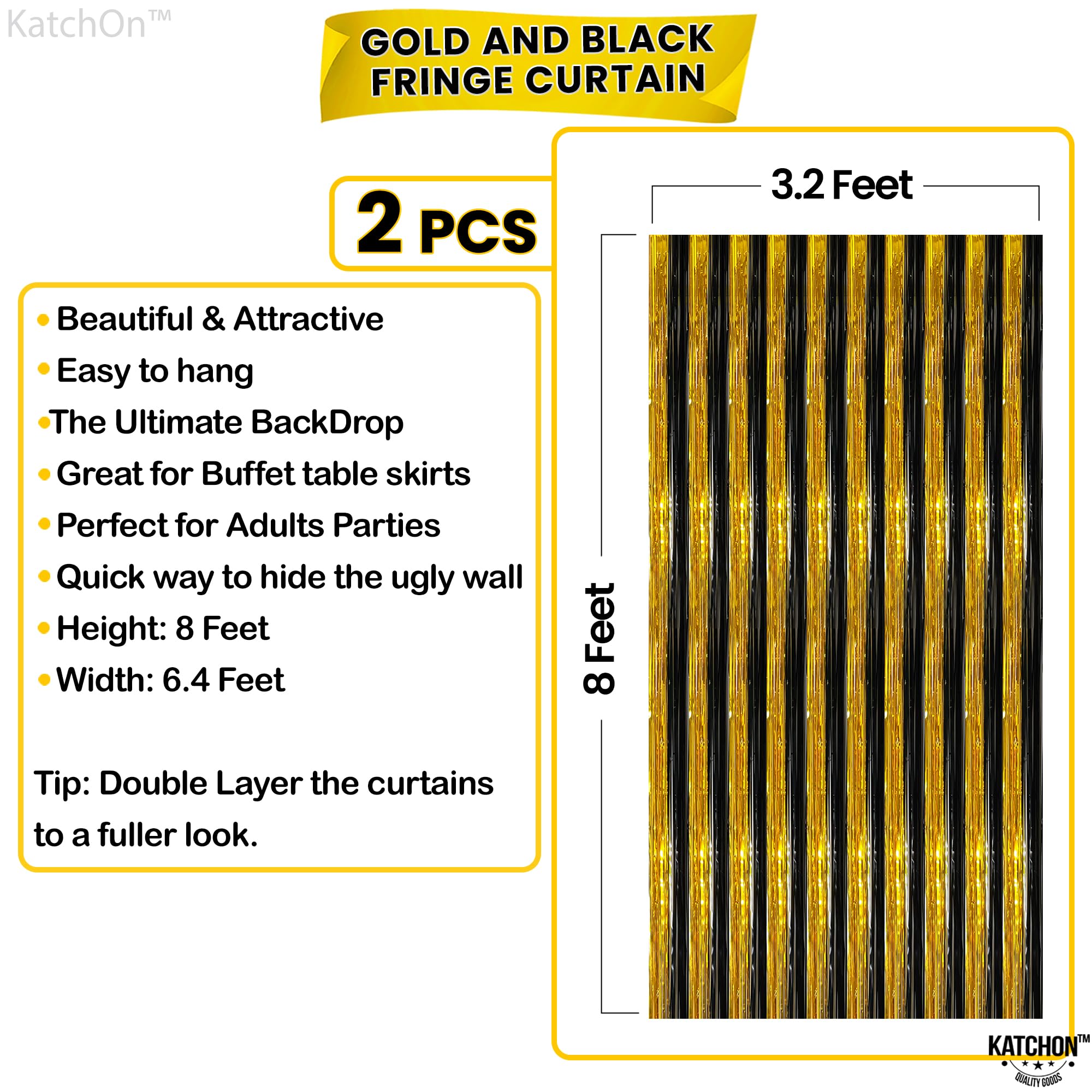 KatchOn, XtraLarge Black and Gold Streamers - 3.2x8 Feet, Pack of 2 | Happy New Year Backdrop for Happy New Year Decorations 2025 | Black and Gold Fringe Curtain for Black and Gold Party Decorations