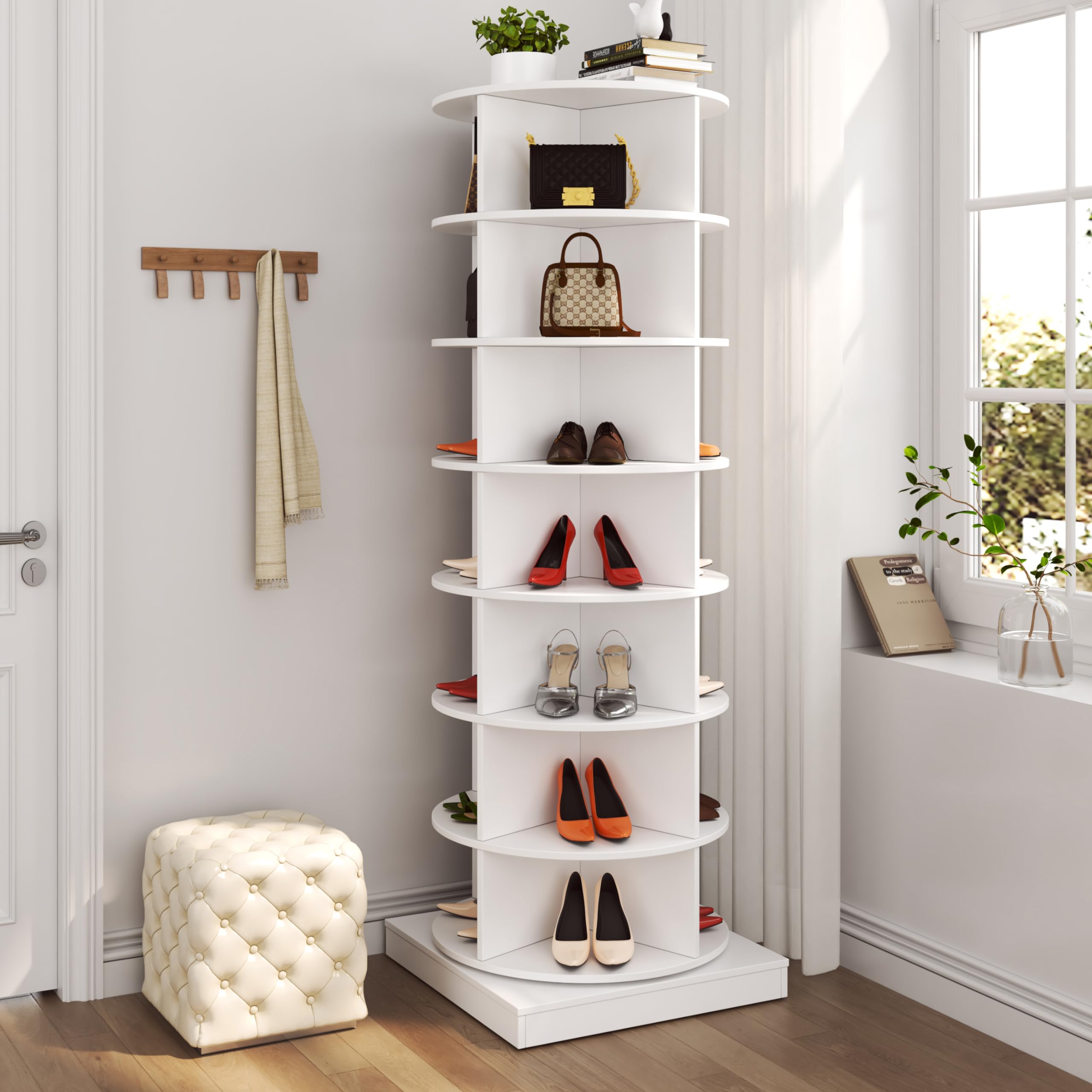 Maotifeys Rotating Shoe Rack Tower, 7-Tier Spinning Shoe Rack, Free Standing 360° Revolving Shoe Organizer Can Hold 28 Pairs of Shoes for Entryway Living Room Hallway (7-Tier, White)