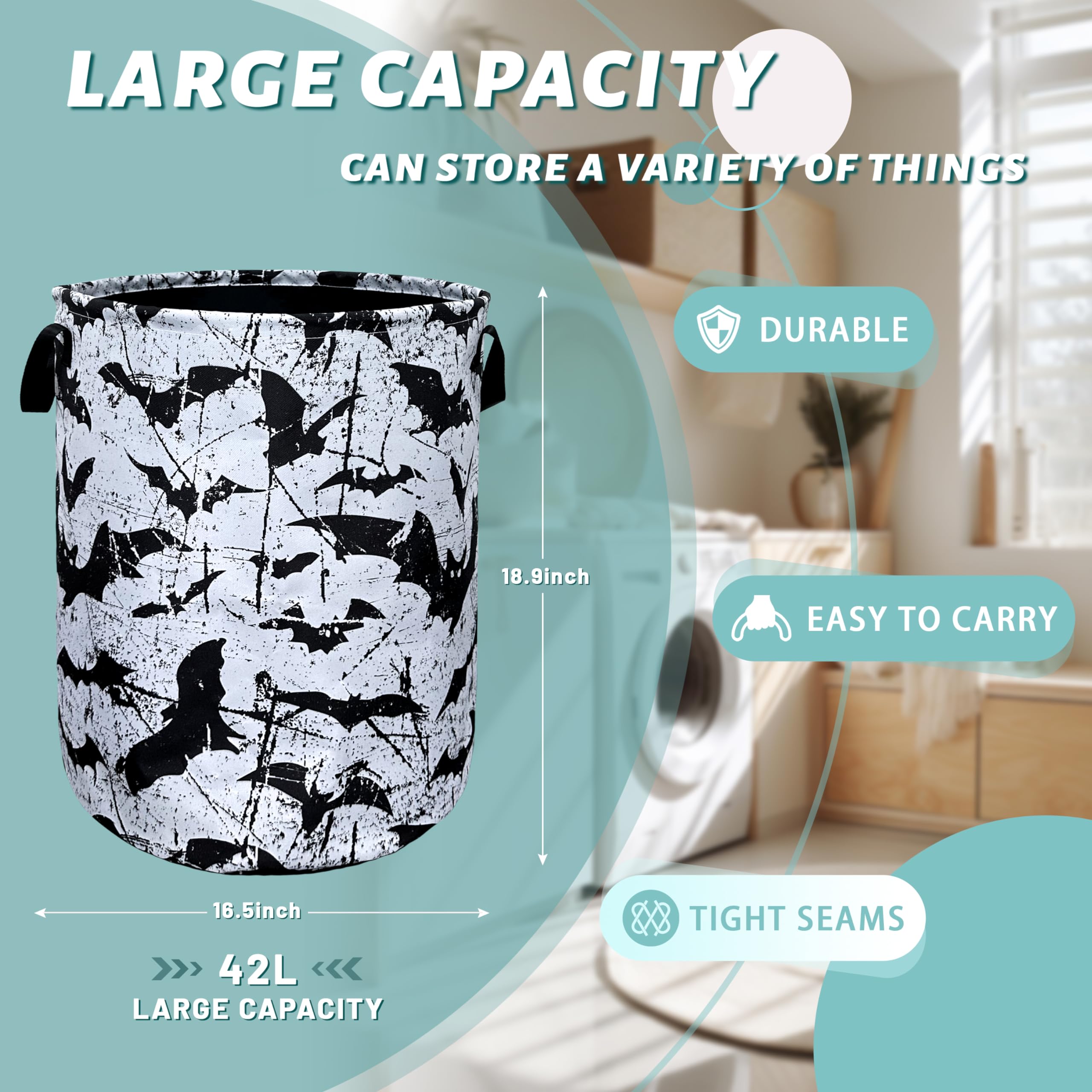 Black White Bats Laundry Basket Foldable With Handles Universal Tote Bag Oxford Cloth Funny Laundry Hamper 18.9" x 16.5" Clothes Storage Bucket Toy Organizer For Bathroom/Laundry/Bedroom