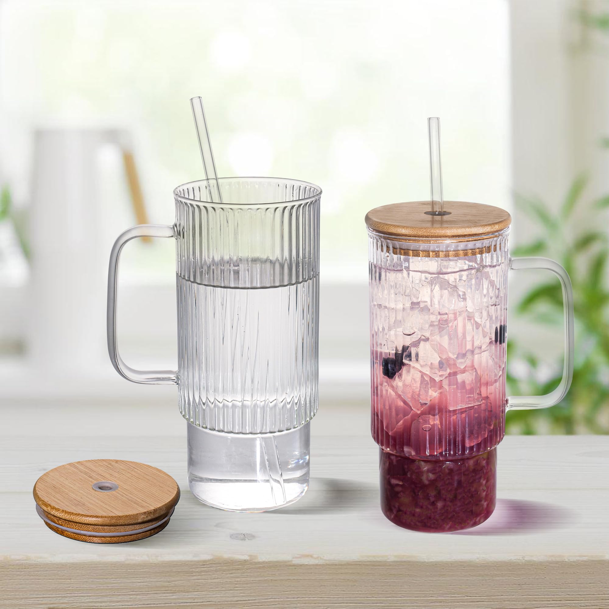 erichbow 32oz Ribbed Glass Cup with Handle Bamboo Lid and Straw, Glass Tumbler, Iced Coffee Cups Hot/Cold Drinks