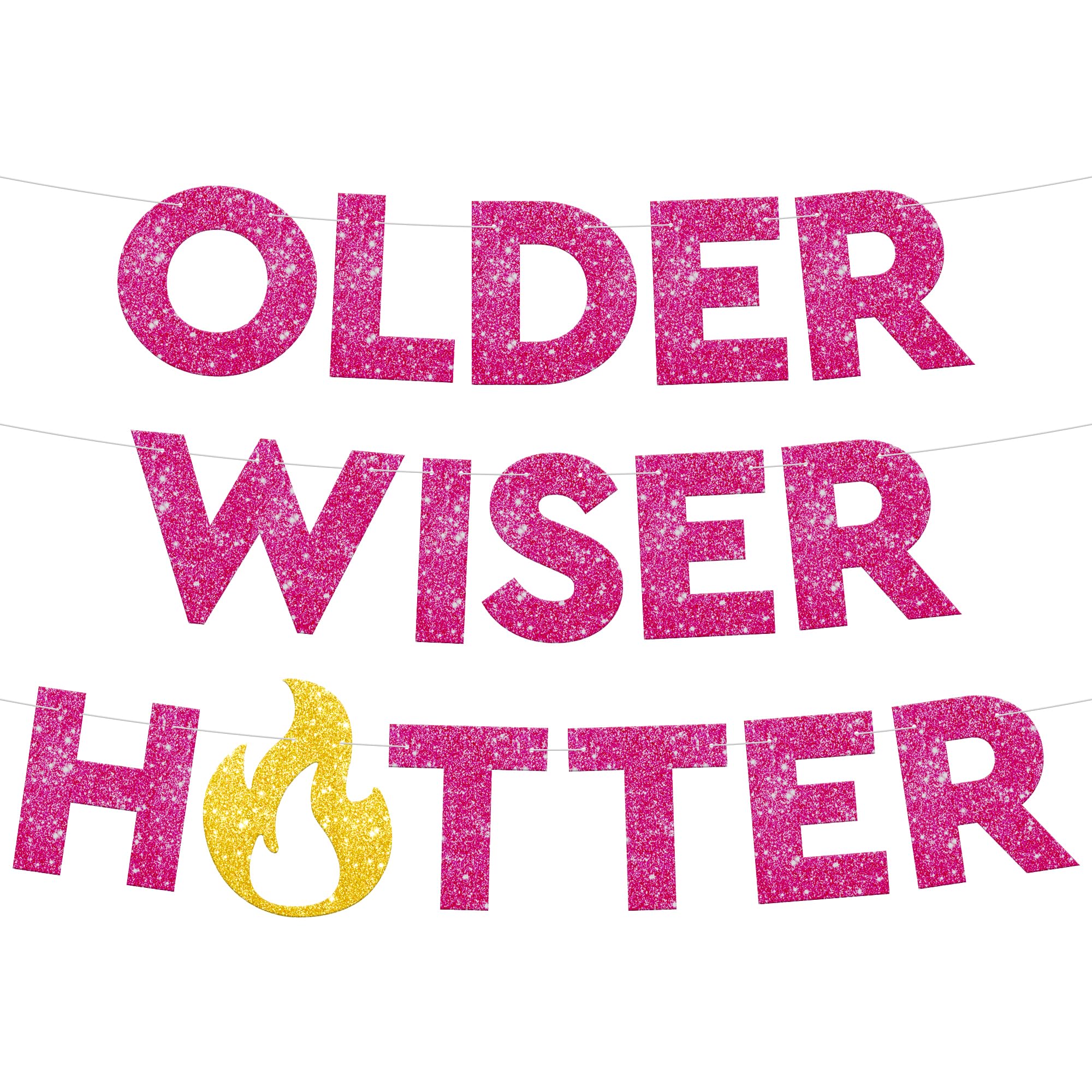 KatchOn, Glitter Older Wiser Hotter Banner - No DIY, 10 Feet | Pink Birthday Banner for Birthday Decorations Adult Women | Older Wiser Hotter Birthday Banner for Pink Funny Birthday Decorations