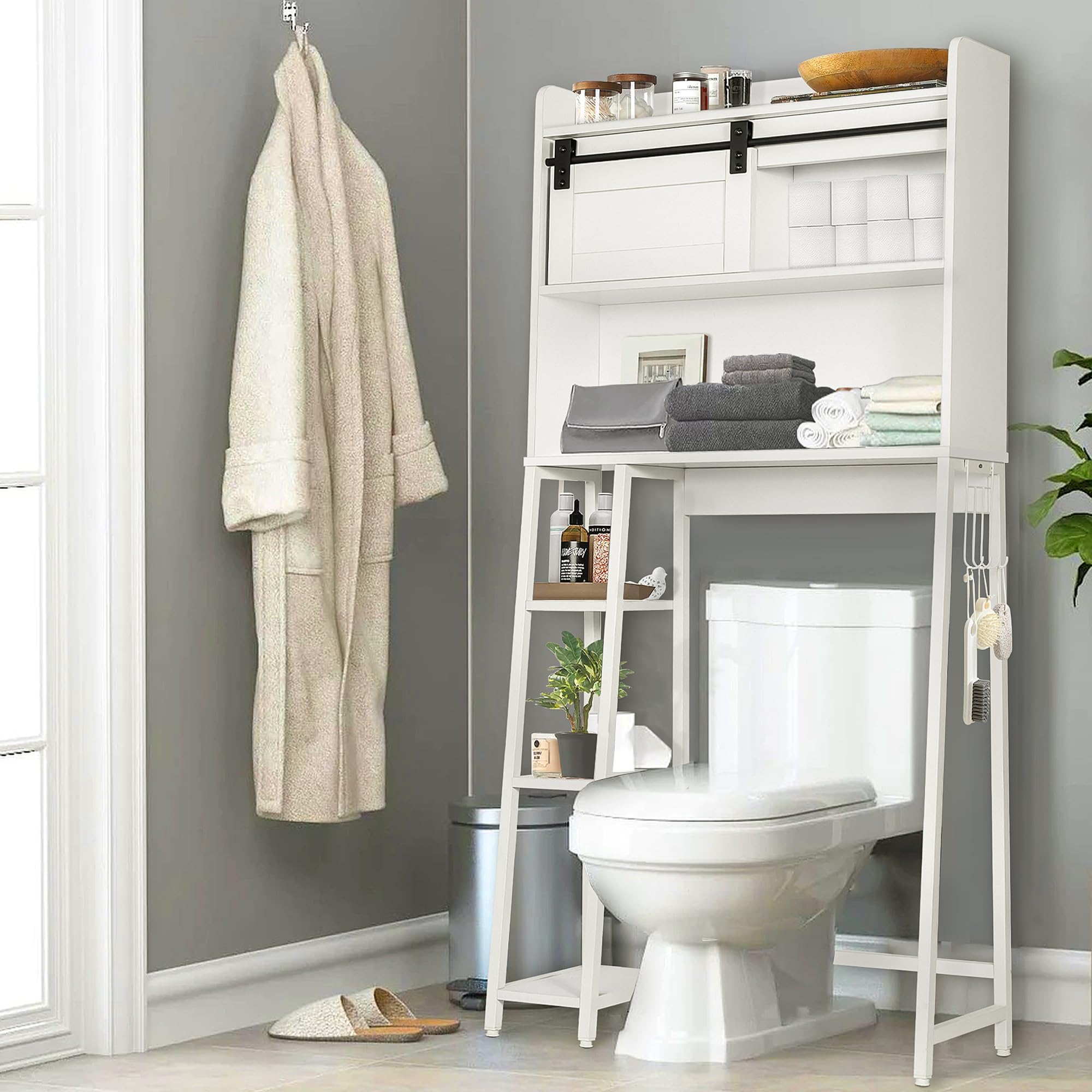 SULIVES Over The Toilet Storage with Cabinet, Sliding Barn Door, Side Storage Open Rack, Mass-Storage Over Toilet with Hooks Bathroom Organizer for Bathroom, Restroom, Laundry, White