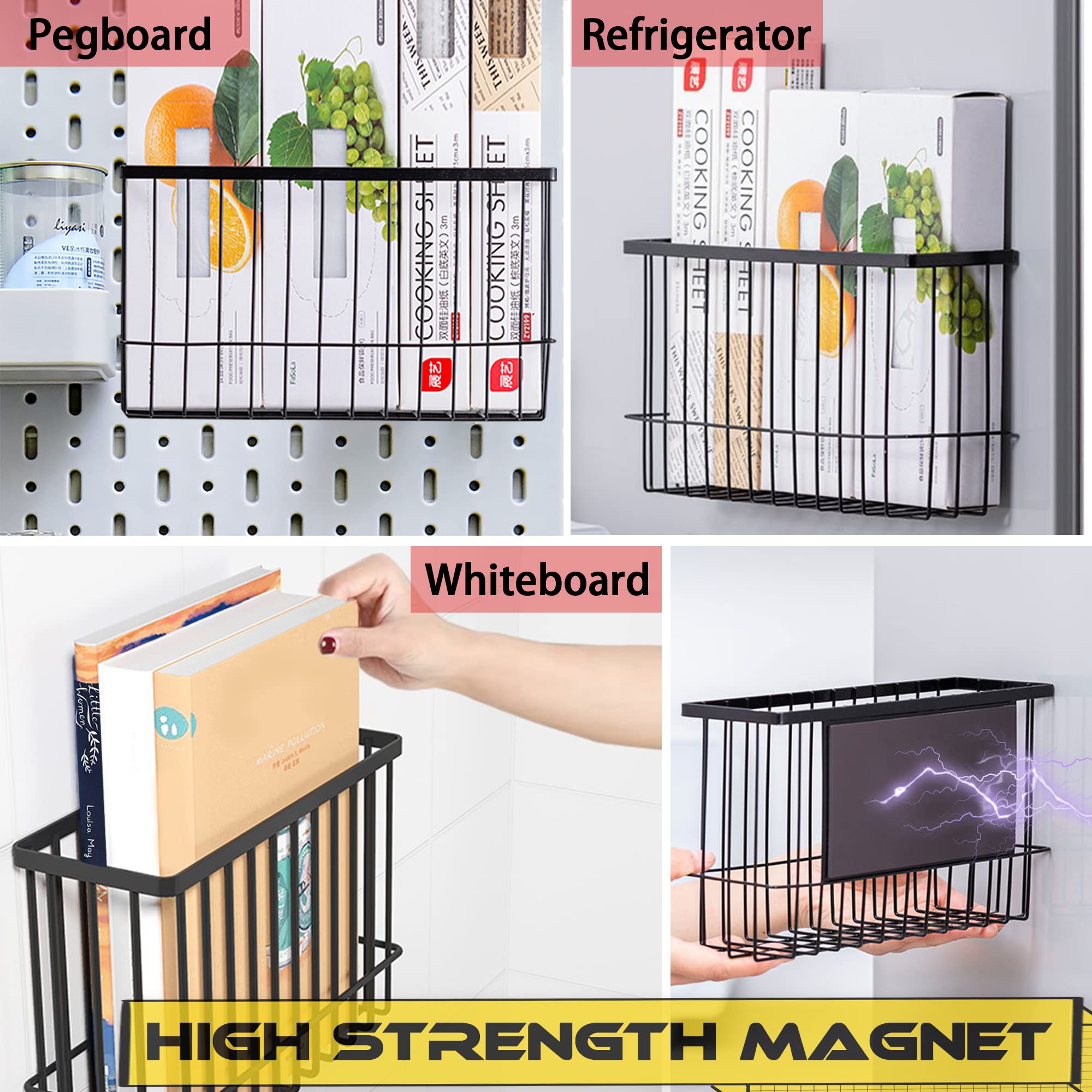 Buyyyit Magnetic Basket Organizer Shelf Rack for Refrigerator Peg Board Office File Foil Plastic Food Wrap Spice Pegboard Holder with Hooks (Black (Size:XL))