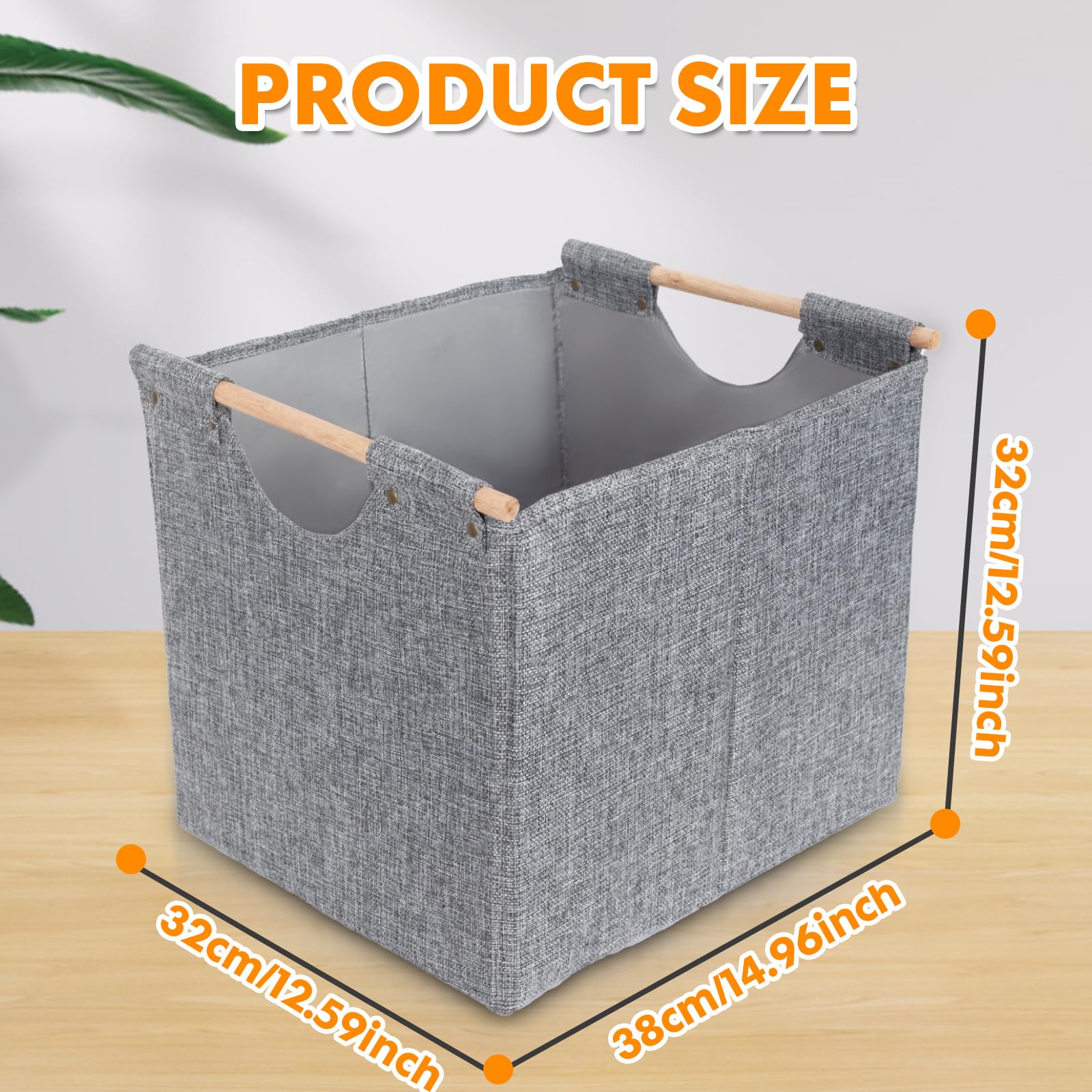 ShellKingdom Large Storage Bins, Foldable Linen Fabric Storage Baskets for Shelves, Cloth Storage Organizer Drawer for Closet Toys Storage with Wooden Handles for Home, Office, 12.59x14.96 inch, Grey