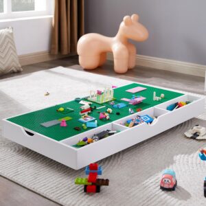 2 in 1 Construction Play Table Compatible with Lego, Game Table with Block Board and Train Car, Rolling Game Table with Locking Wheels and Storage Space, Suitable for Storing Under Bed or Sofa (White)